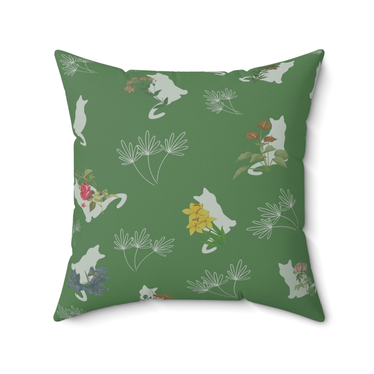 Cat and Flowers/Leafy Whimsy Throw Pillow – Green