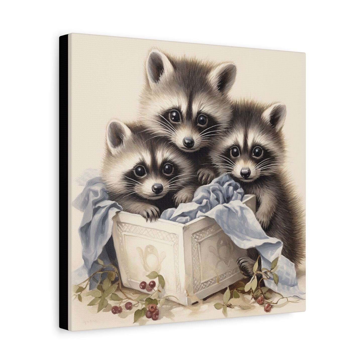 Raccoon Family with Blue Blanket Wall Canvas