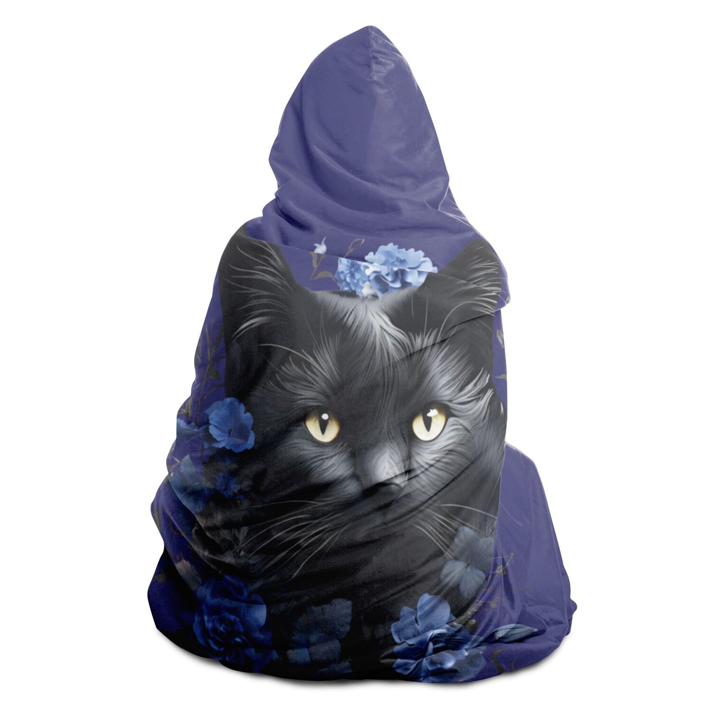 Cat and Blue Blooms - Hooded Blanket