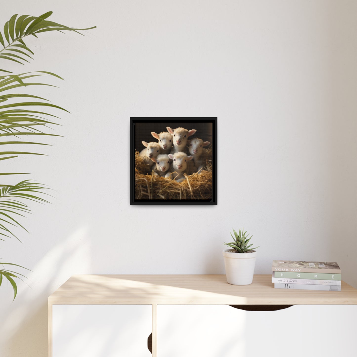 Lamb Family in Straw Framed Wall Canvas