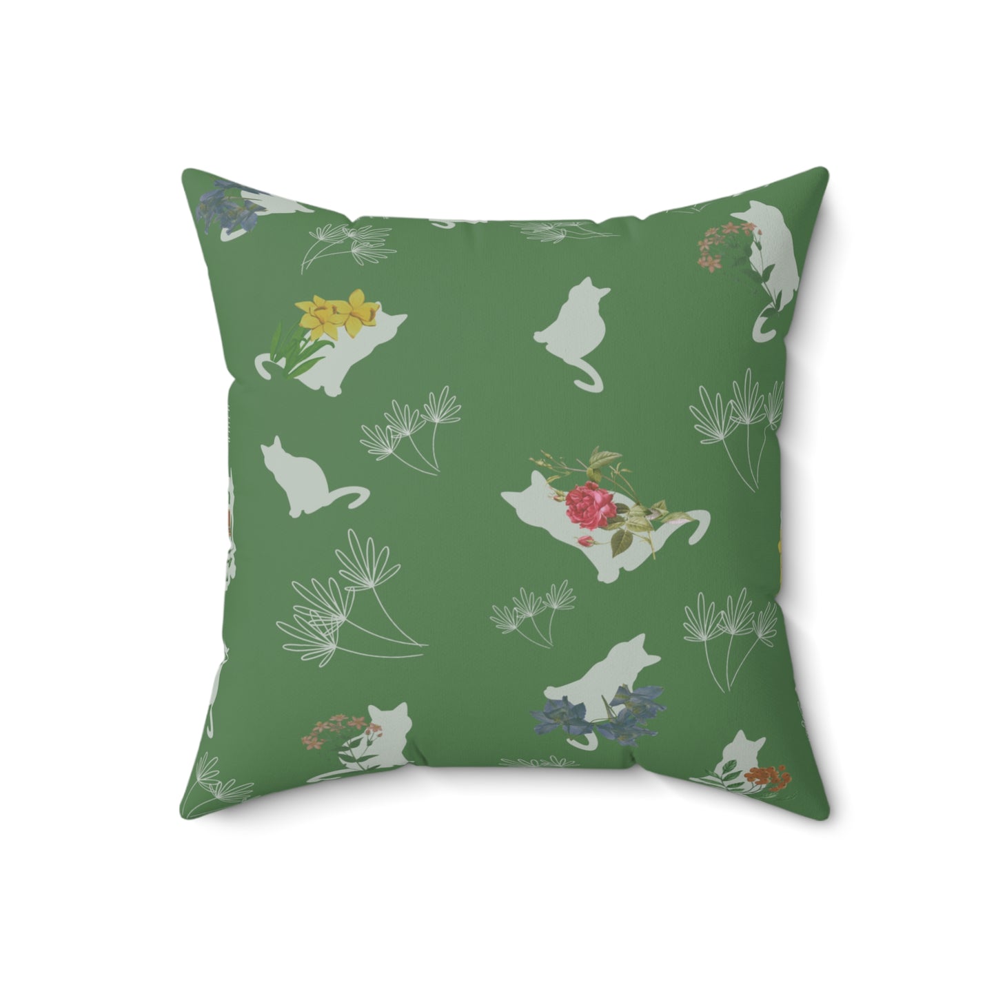 Cat and Flowers/Leafy Whimsy Throw Pillow – Green