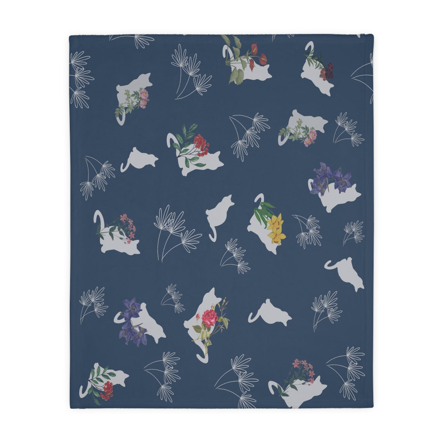 Cats and Flowers/Leafy Whimsy Blanket - Blue