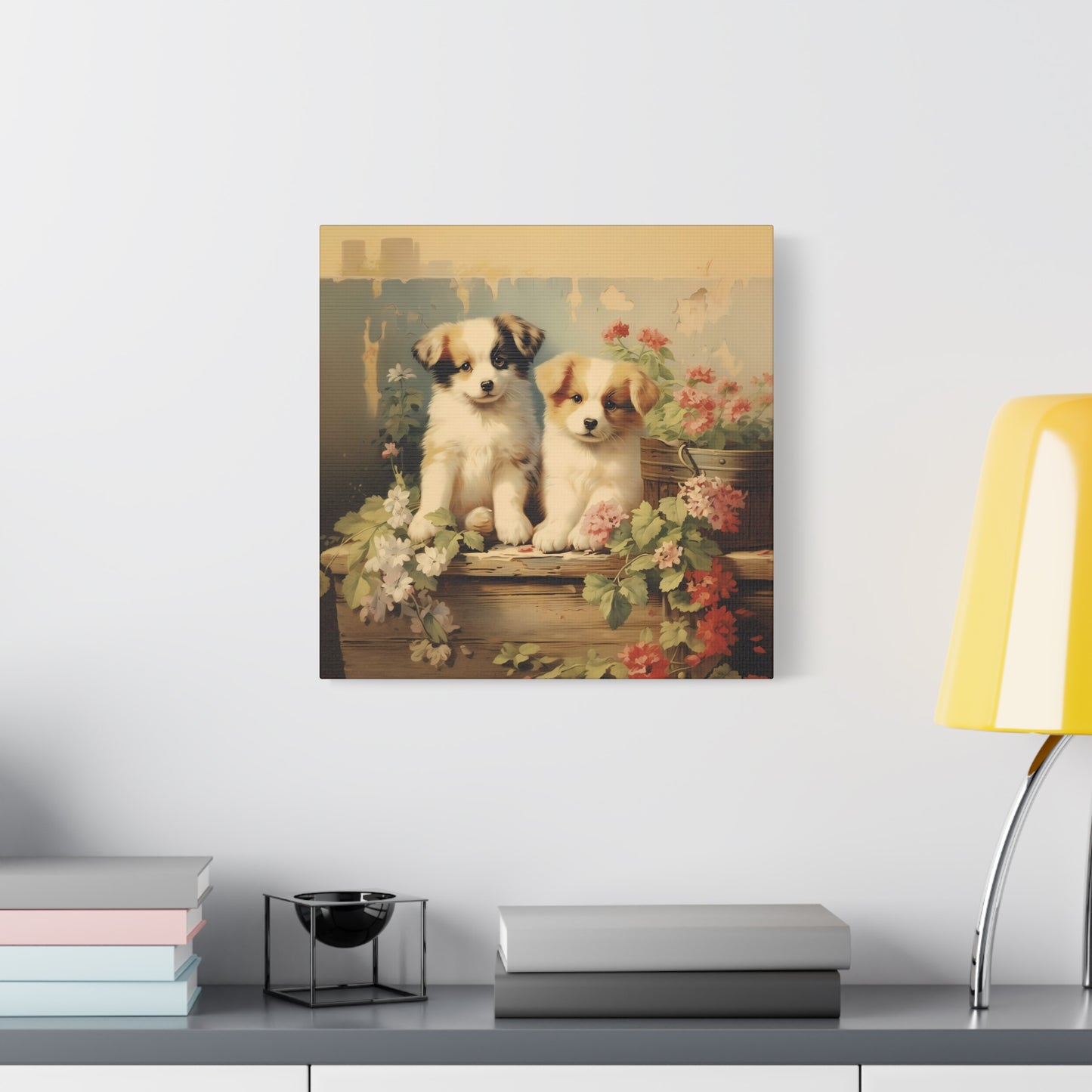 Puppies on Potting Table Wall Canvas