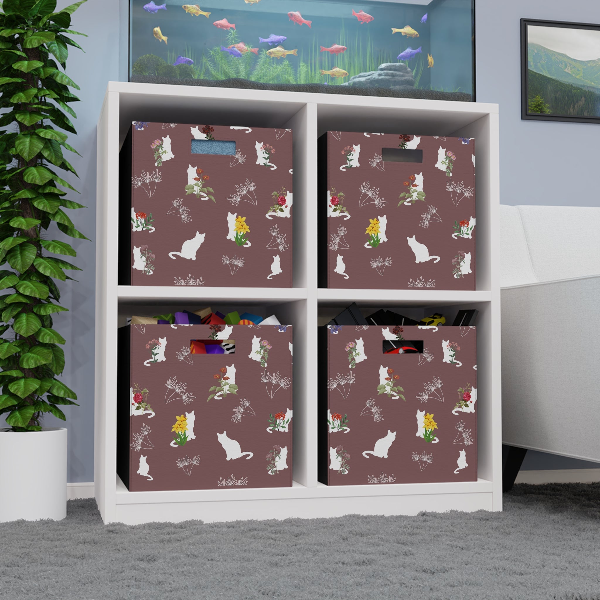 Cat and Flowers/Leafy Whimsy Storage Cube – Mauve