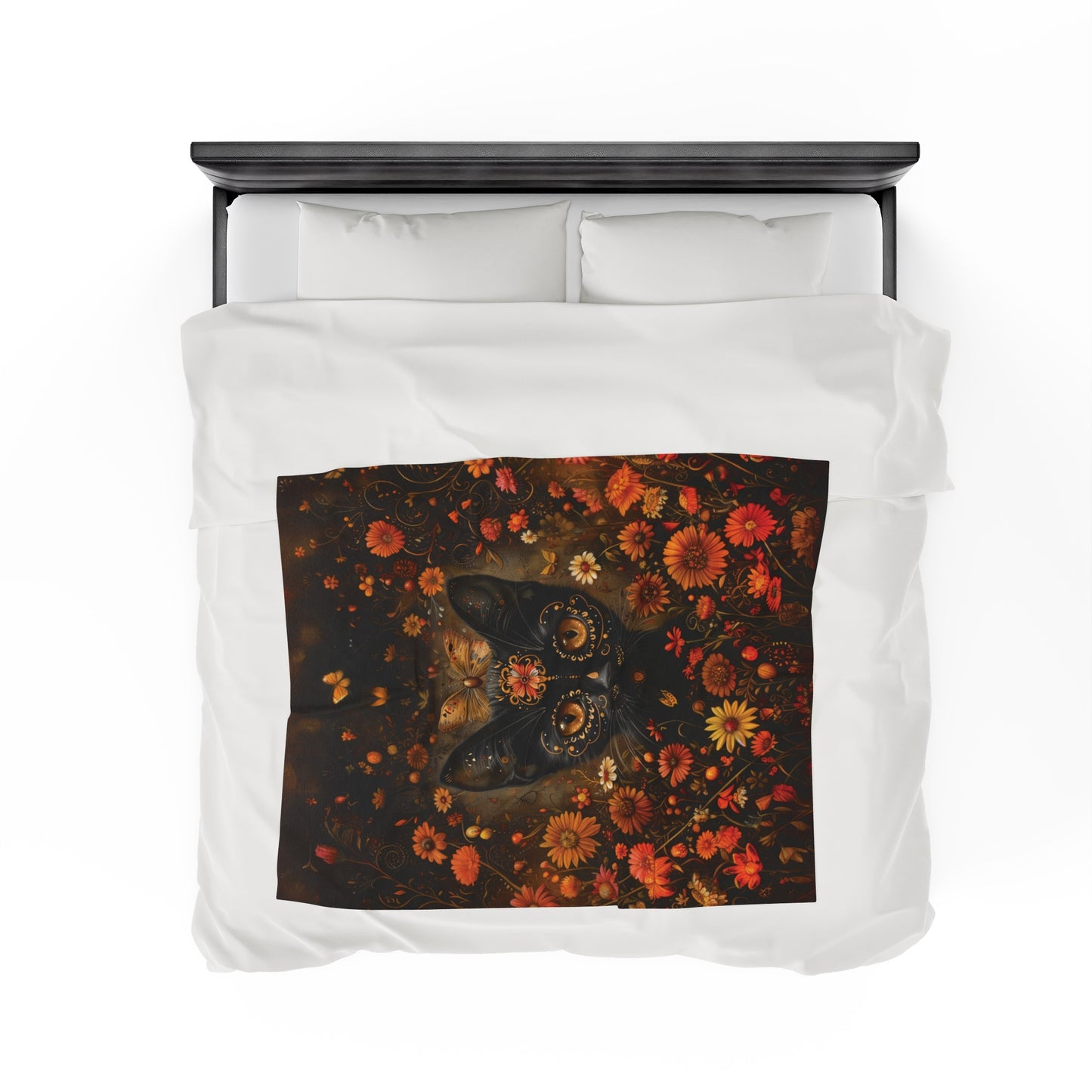 Cat in Orange Wildflowers - Day of the Dead - Throw Blanket