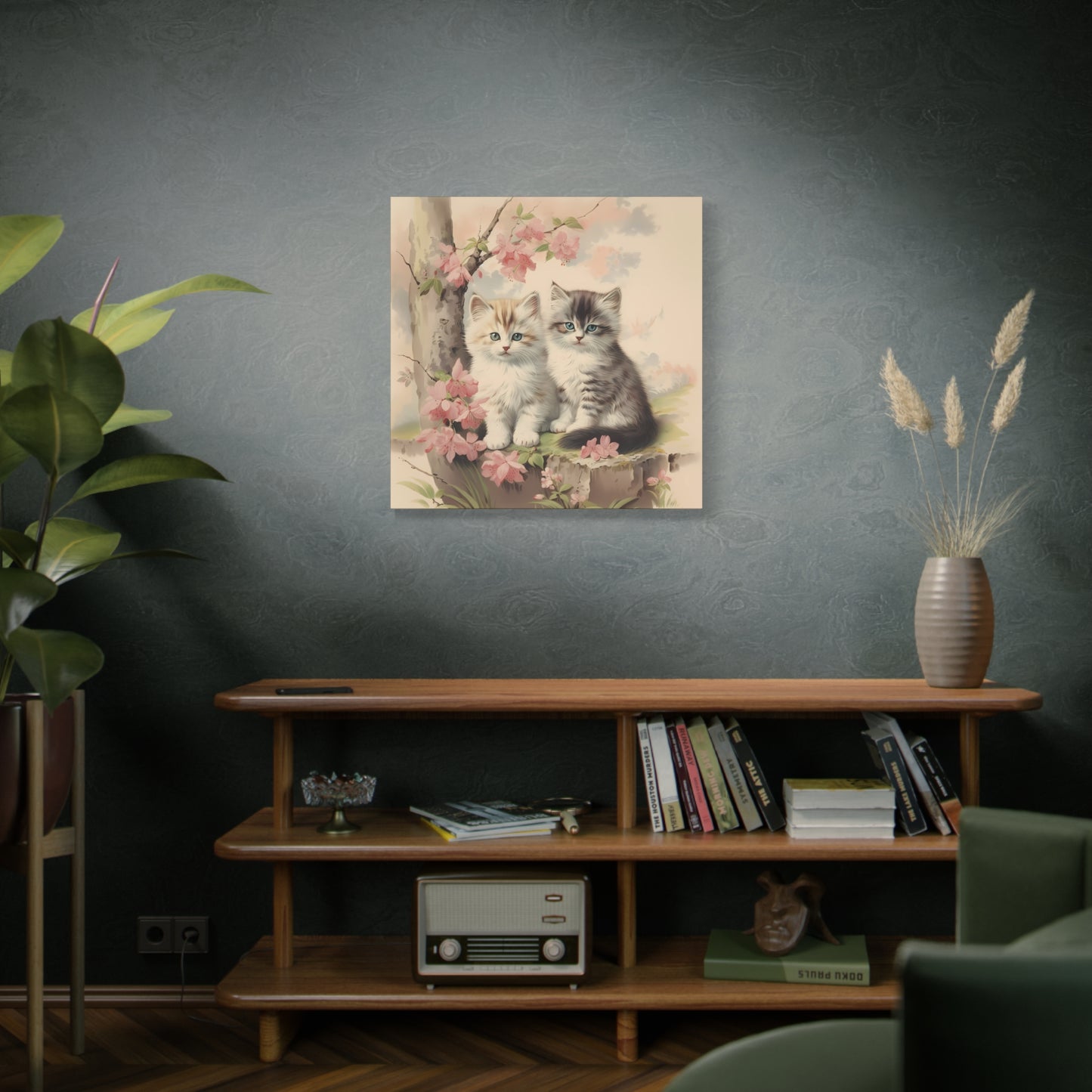 Kittens Under Pink Flowering Tree Wall Canvas