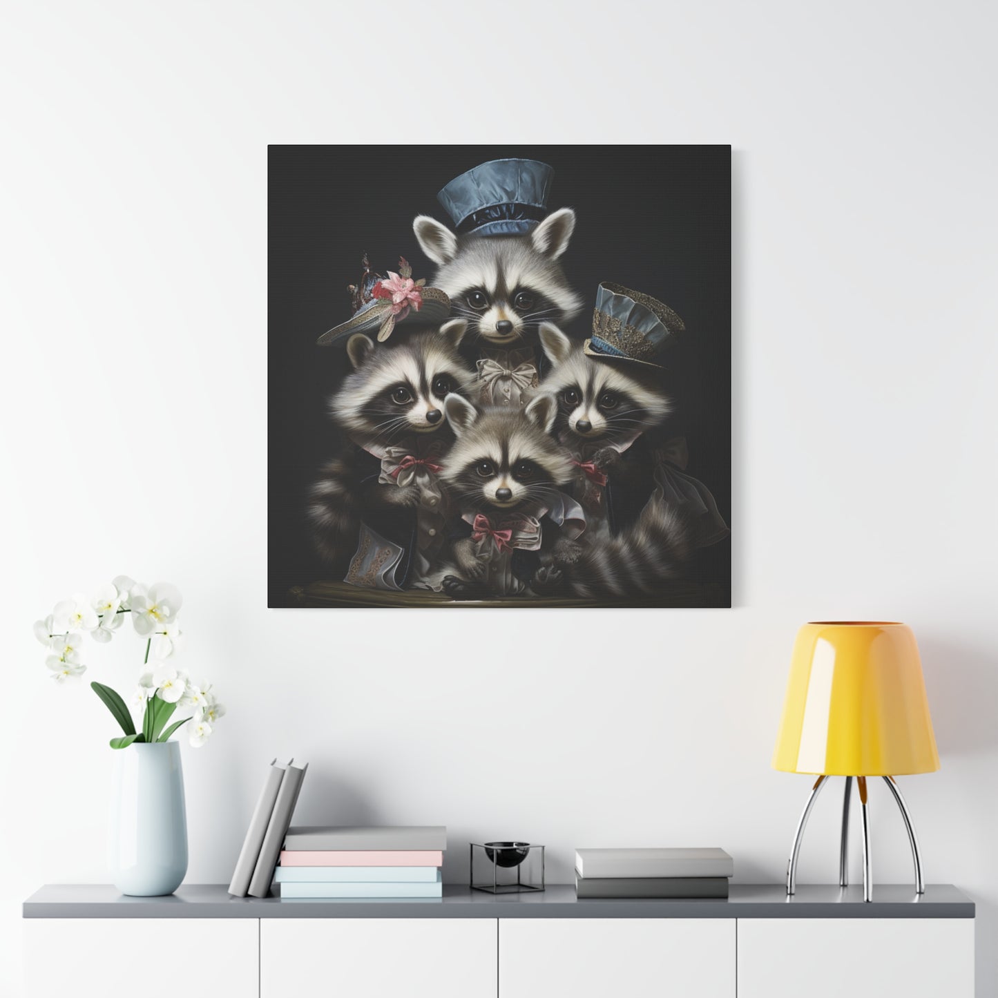 Raccoon Family in Blue Hats Wall Canvas