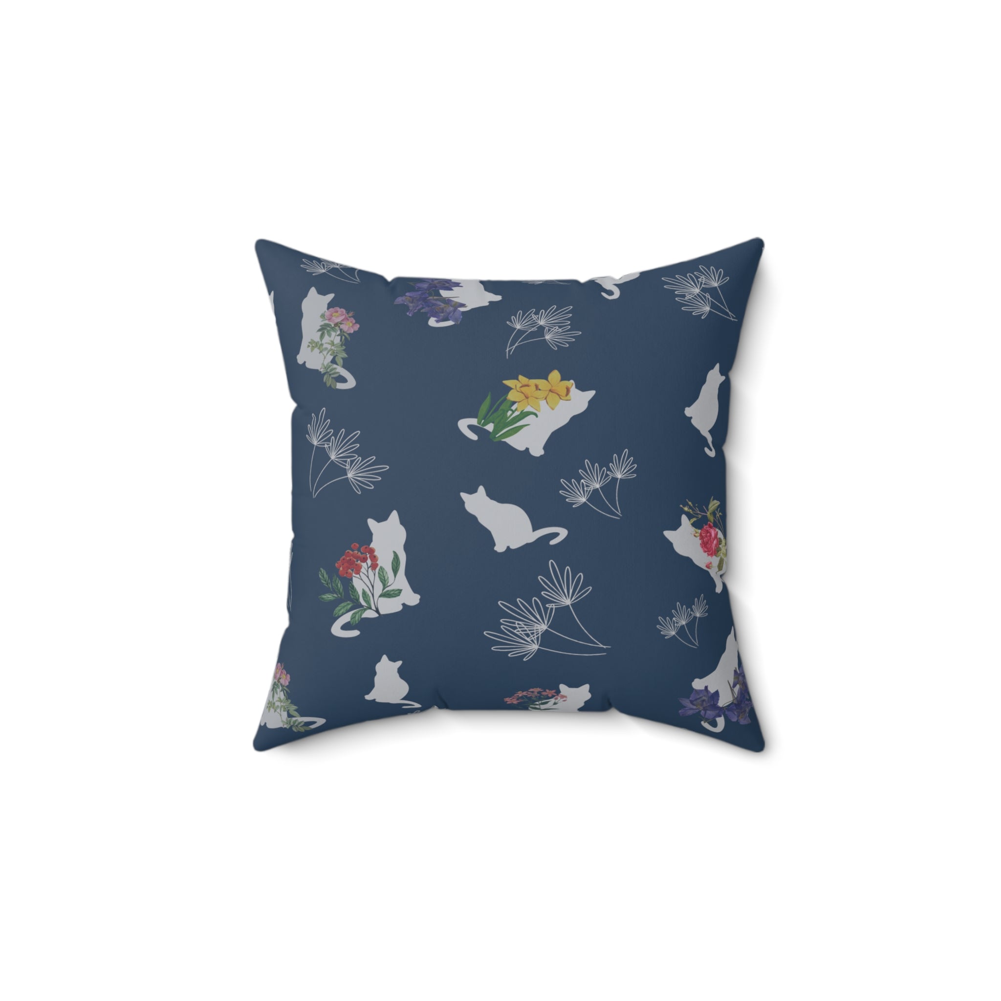 Cat and Flowers/Leafy Whimsy Throw Pillow – Blue