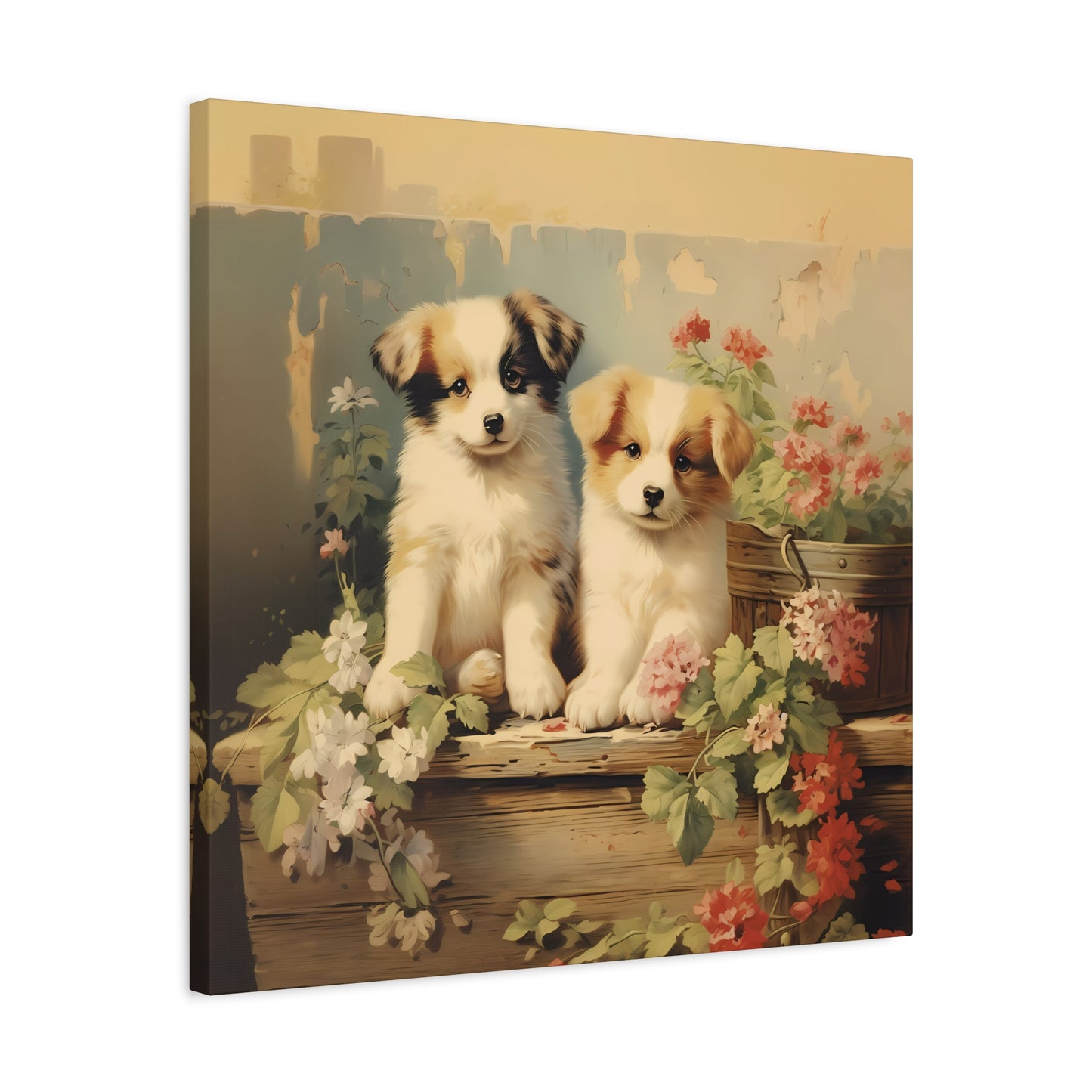 Puppies on Potting Table Wall Canvas