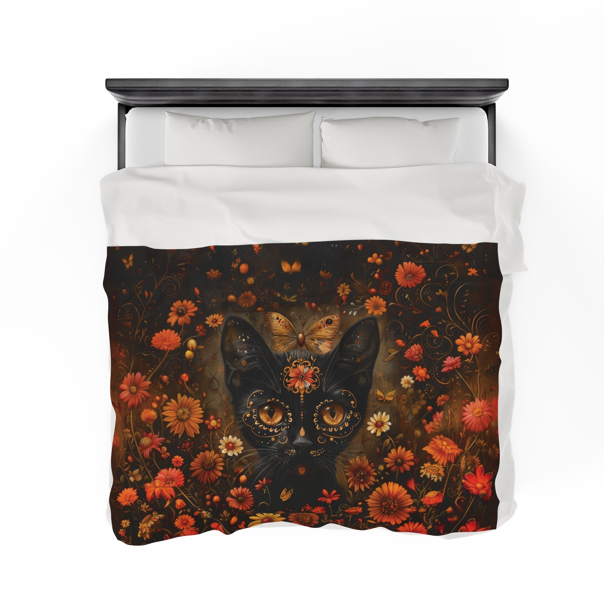 Cat in Orange Wildflowers - Day of the Dead - Throw Blanket