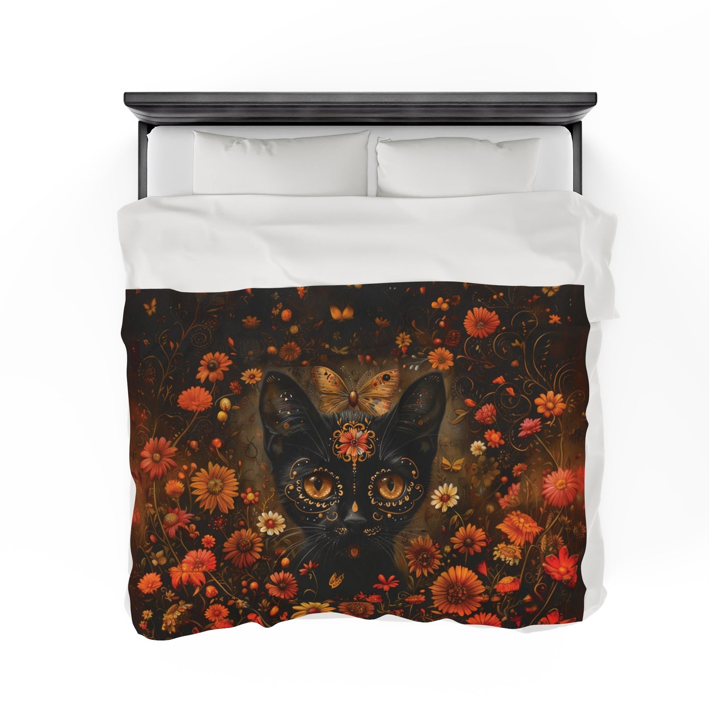 Cat in Orange Wildflowers - Day of the Dead - Throw Blanket