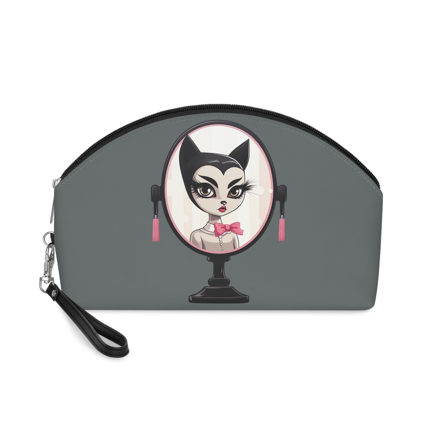 Sophisticated Cat Makeup Bag – Lady Cat with Pink Bow on grey