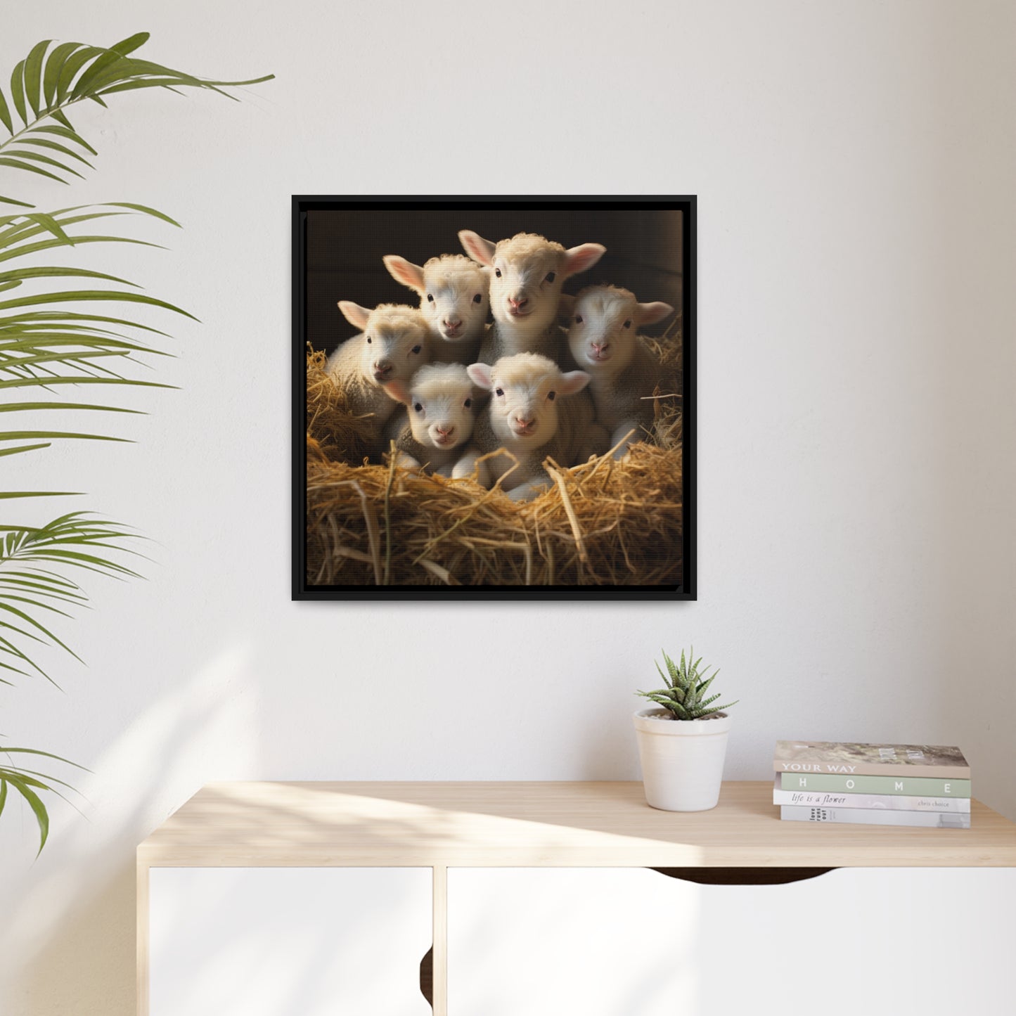 Lamb Family in Straw Framed Wall Canvas