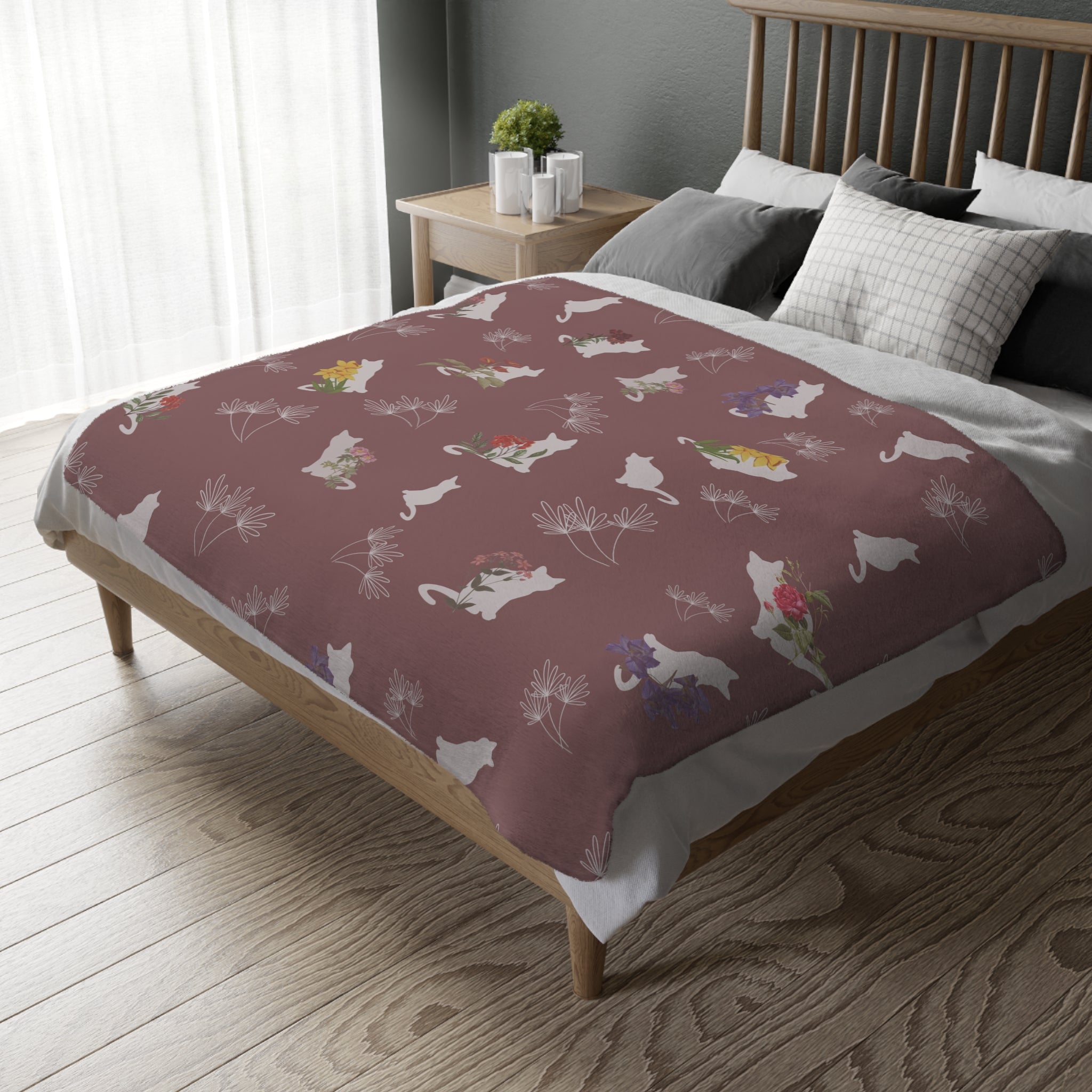 Cats and Flowers/Leafy Whimsy Blanket – Mauve