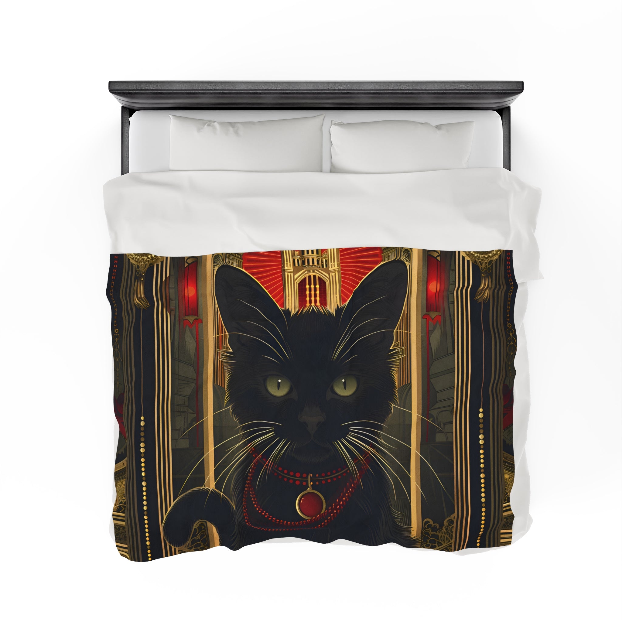 Black Cat and Red Art Deco - Velveteen Blanket