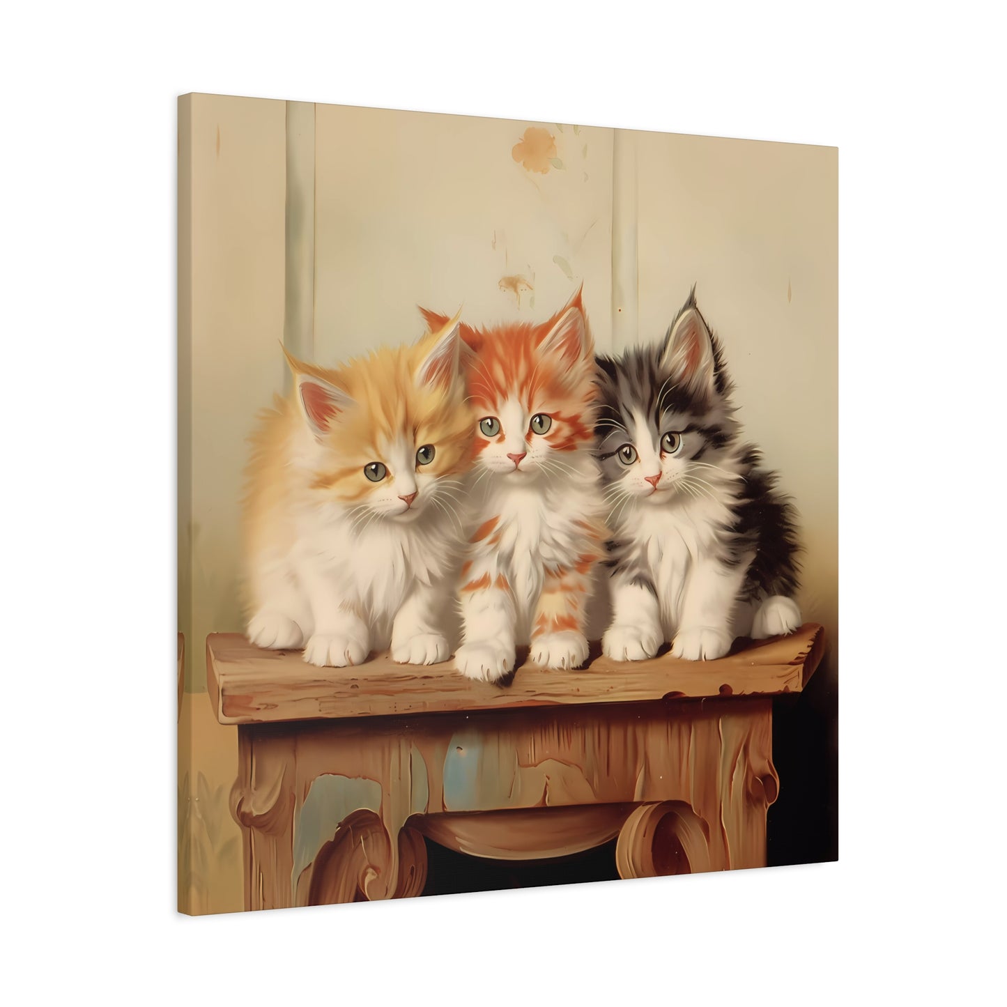 Three Kittens on Painted Table Wall Canvas