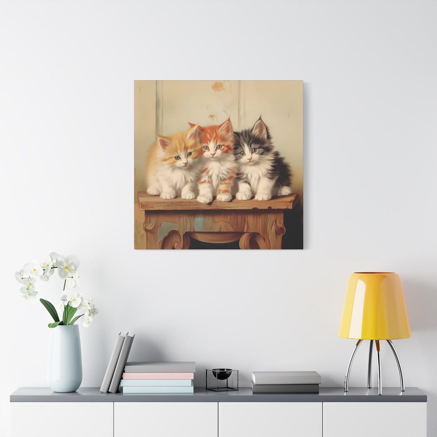 Three Kittens on Painted Table Wall Canvas