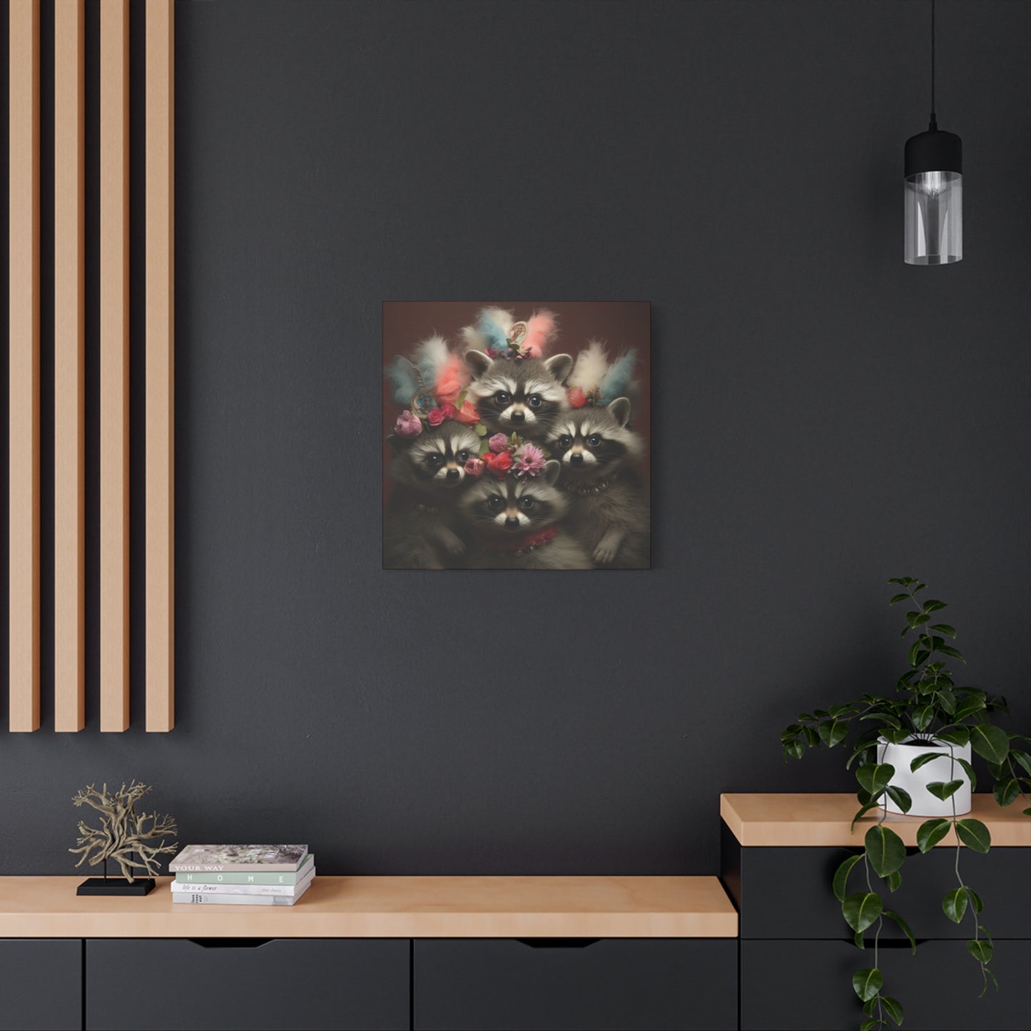 Raccoon Family with Colorful Plumes Wall Canvas