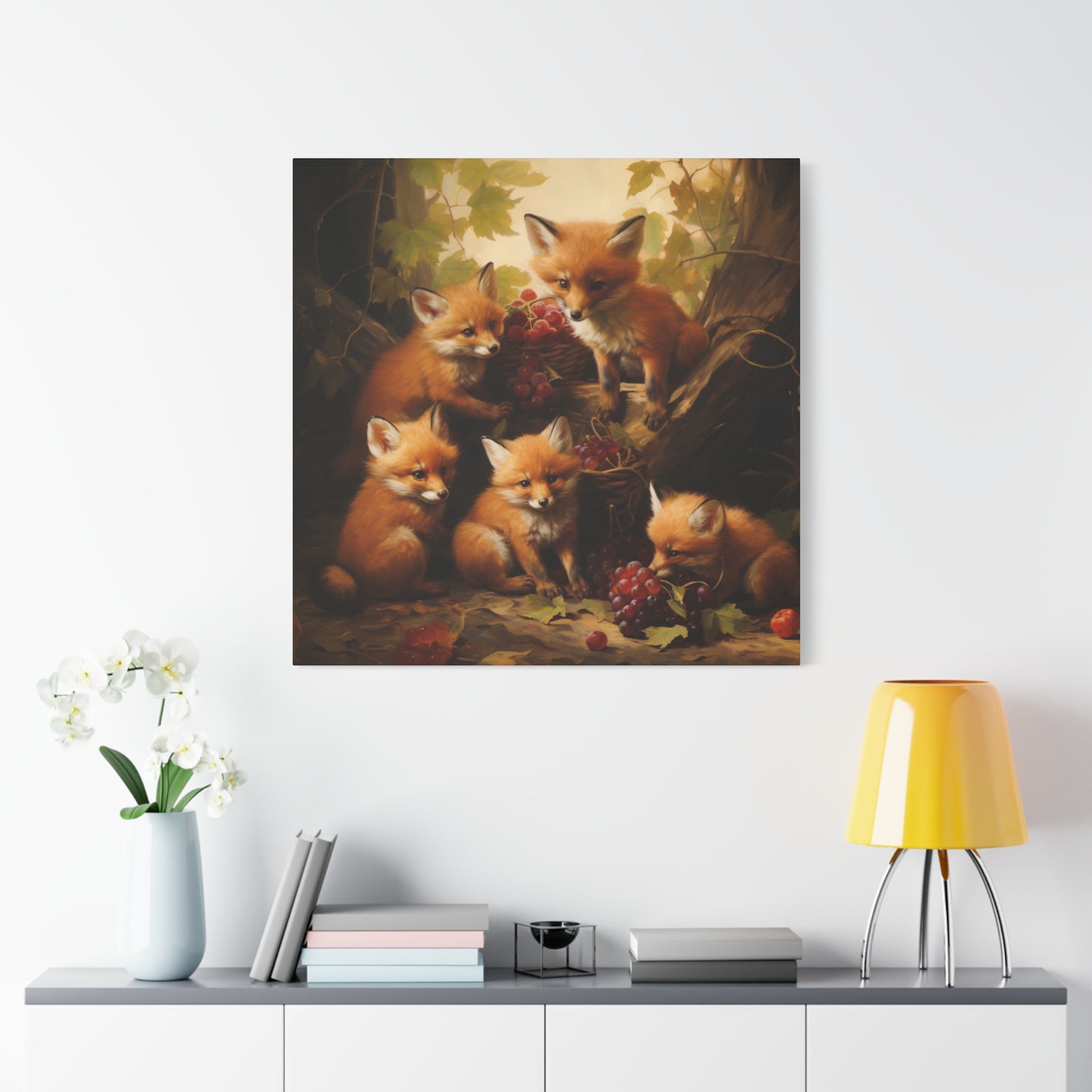 Fox Family with Red Grapes Wall Canvas