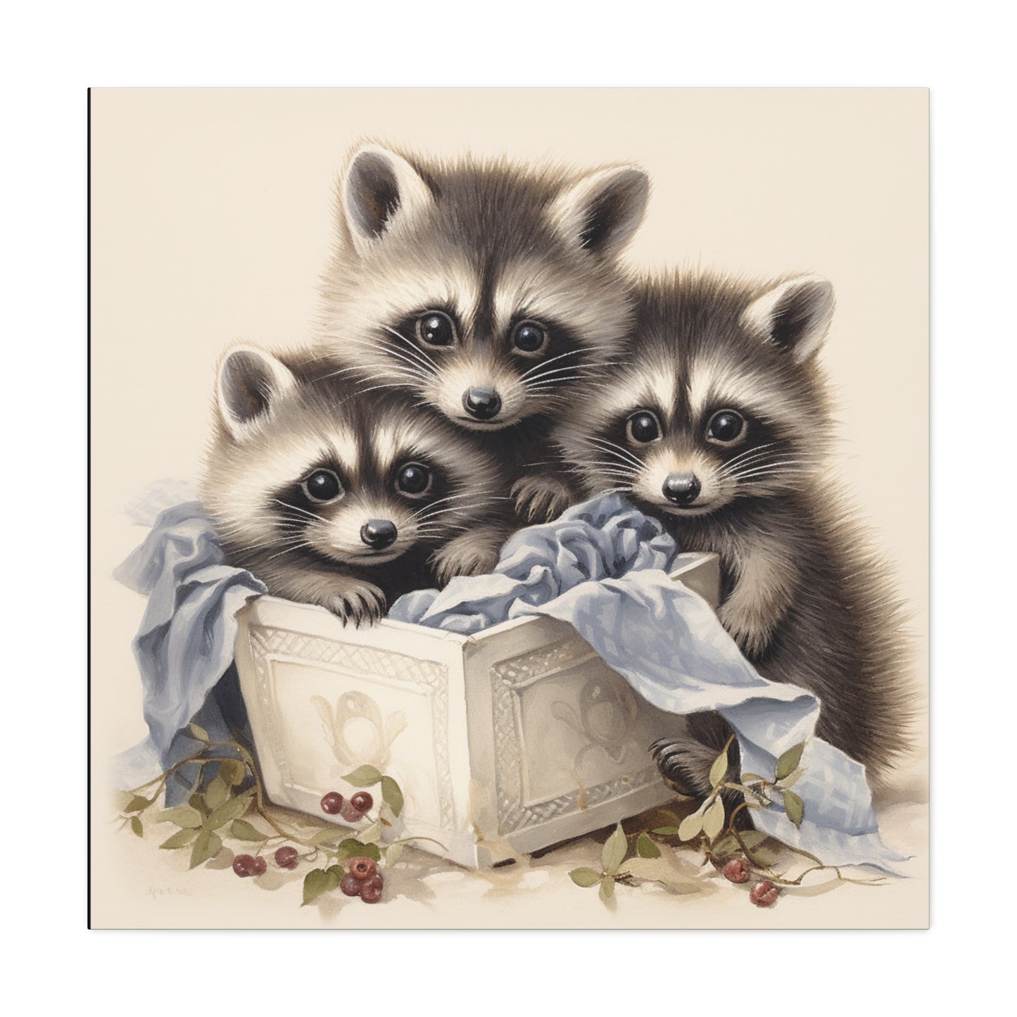 Raccoon Family with Blue Blanket Wall Canvas