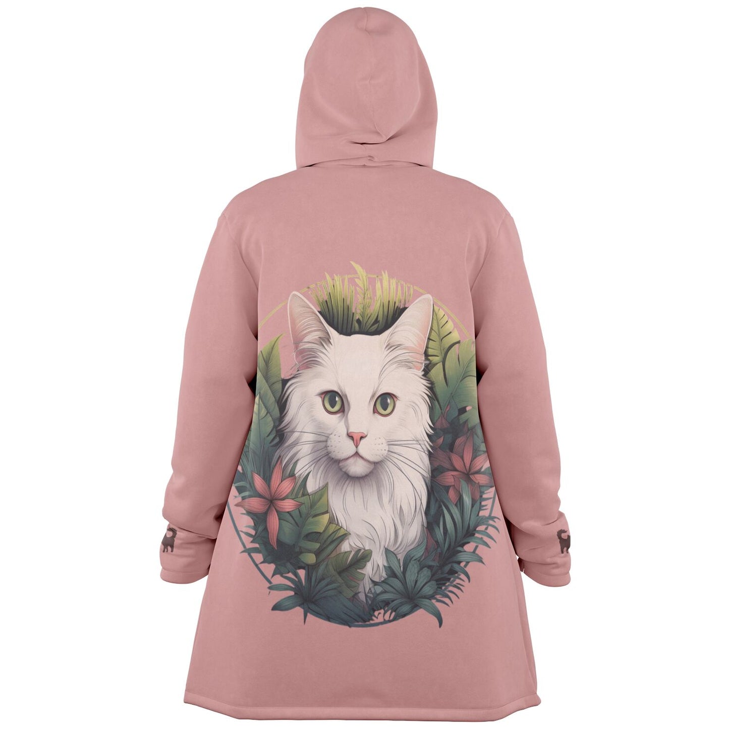 White Cat with Pink Flowers on Pink - Fleece Lined Cloak