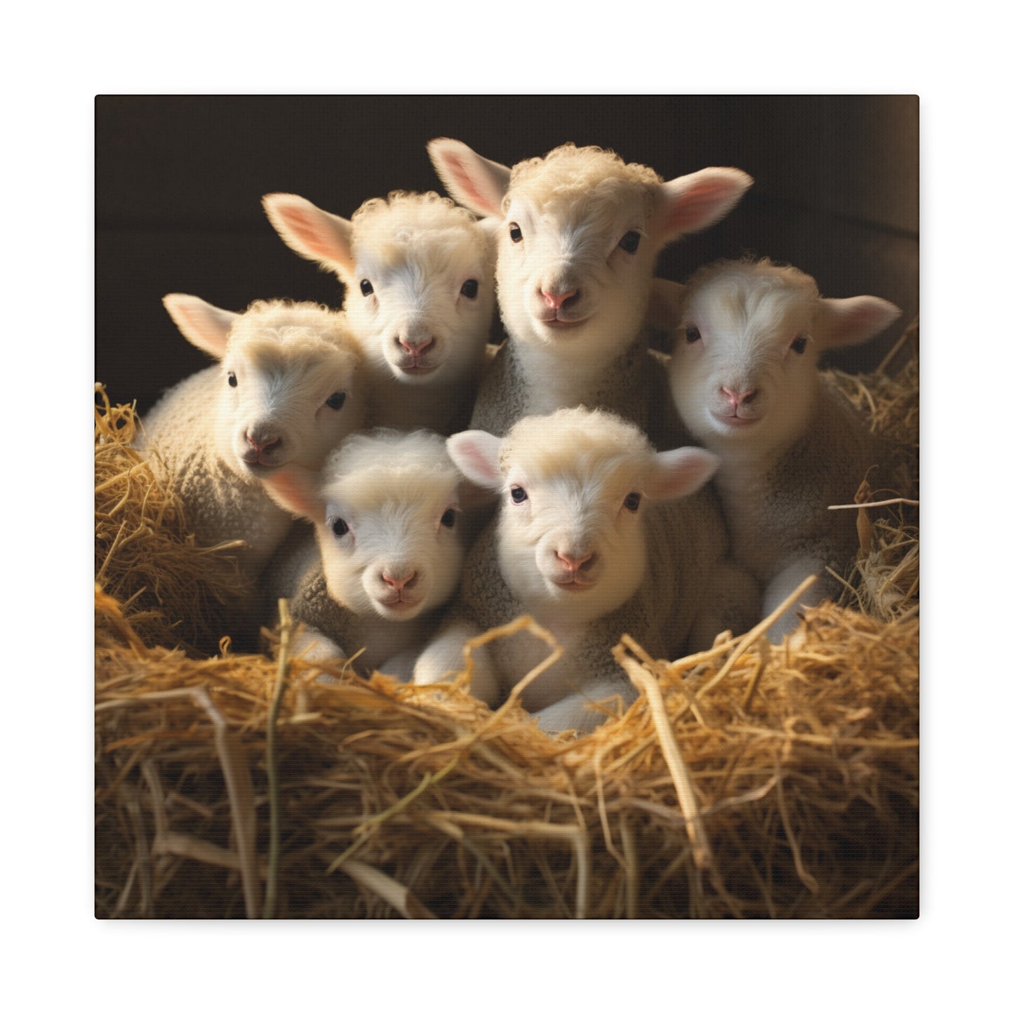 Lamb Family in Straw Wall Canvas