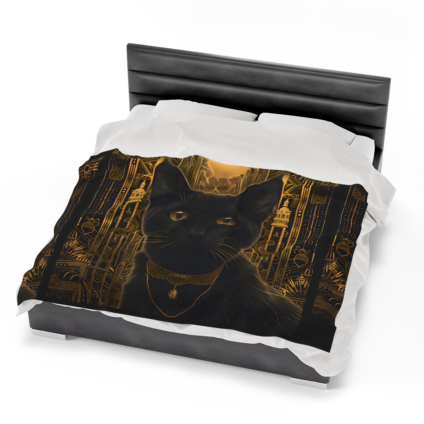 Black Cat with Golden Bell Art Deco - Velveteen Blanket