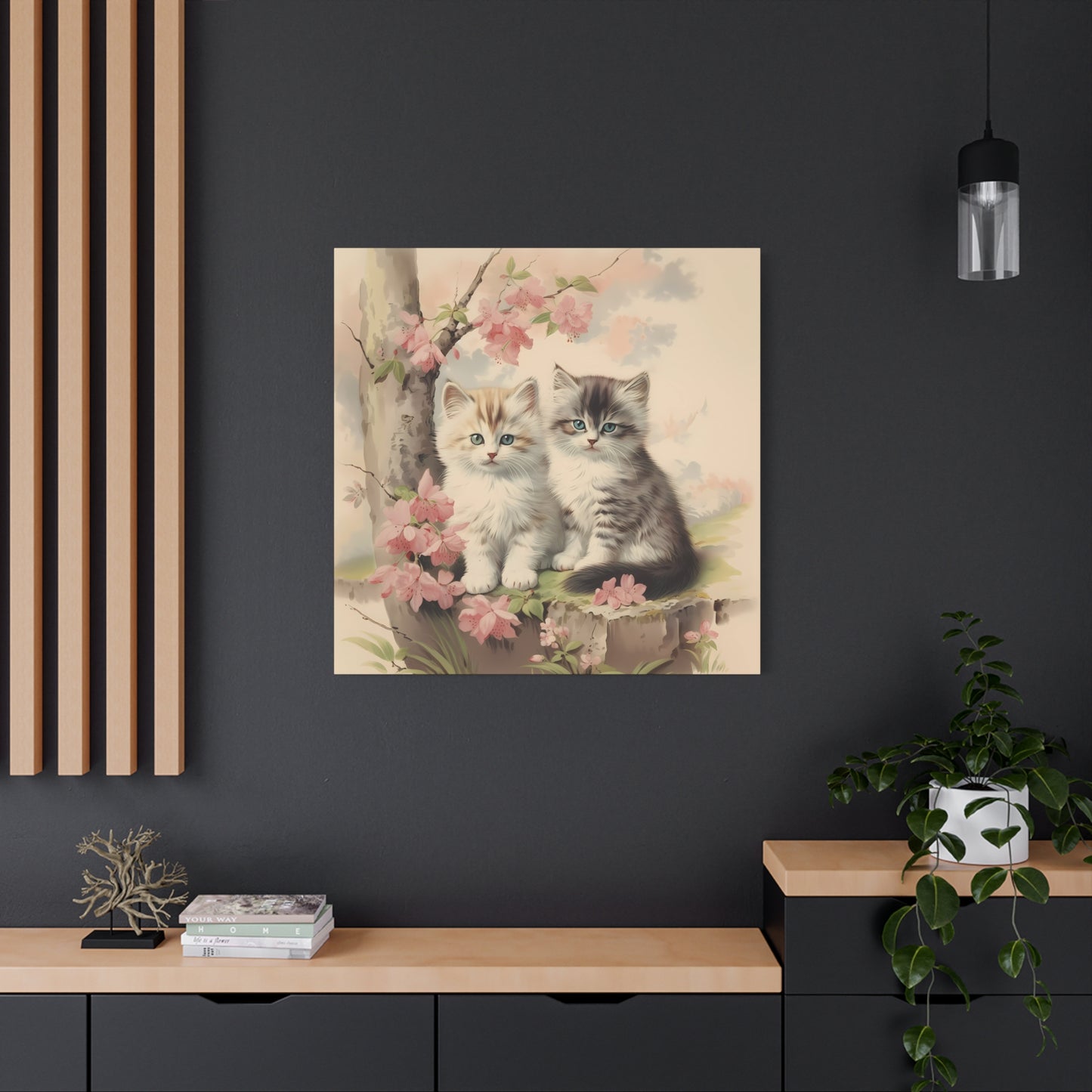 Kittens Under Pink Flowering Tree Wall Canvas