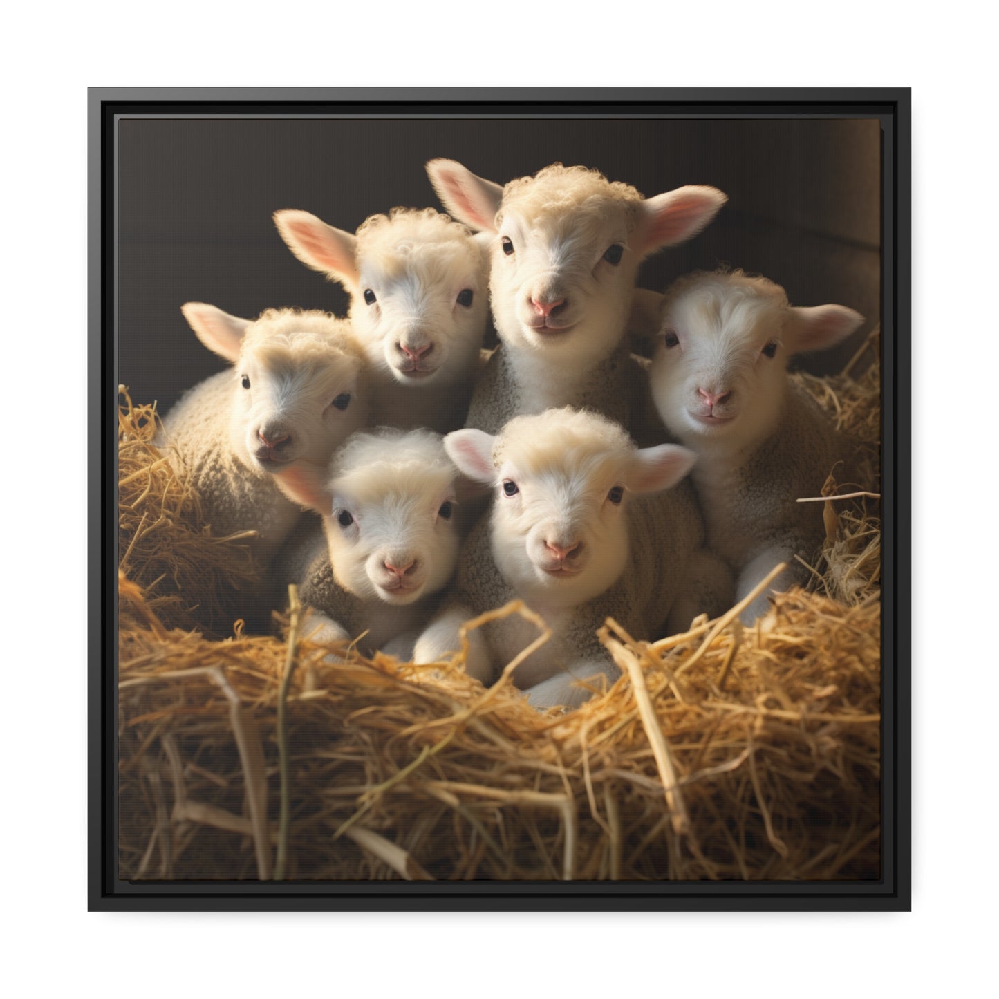 Lamb Family in Straw Framed Wall Canvas