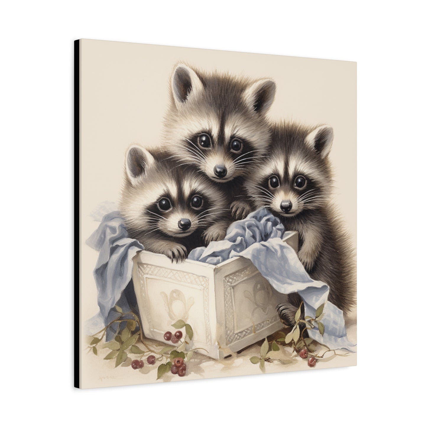 Raccoon Family with Blue Blanket Wall Canvas