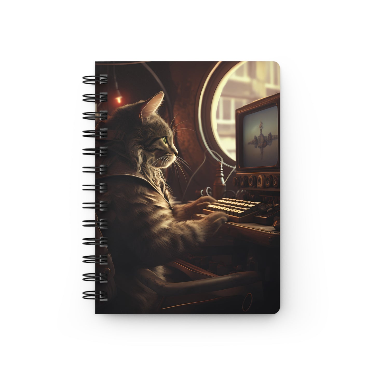 DieselPunk Cat at Computer Spiral Notebook