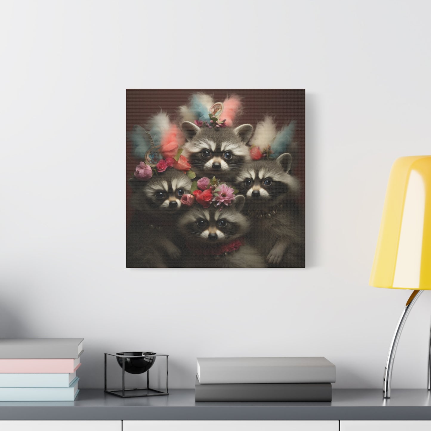 Raccoon Family with Colorful Plumes Wall Canvas