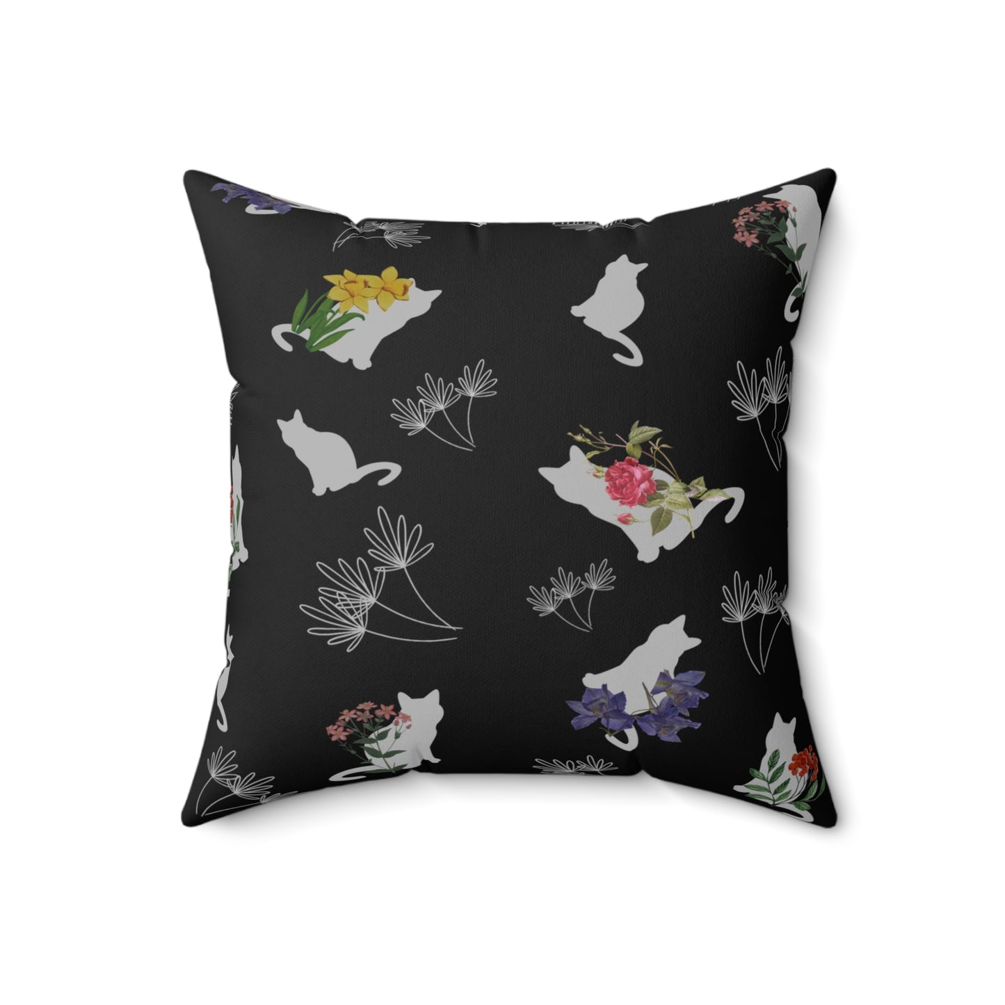 Cat and Flowers/Leafy Whimsy Throw Pillow – Black