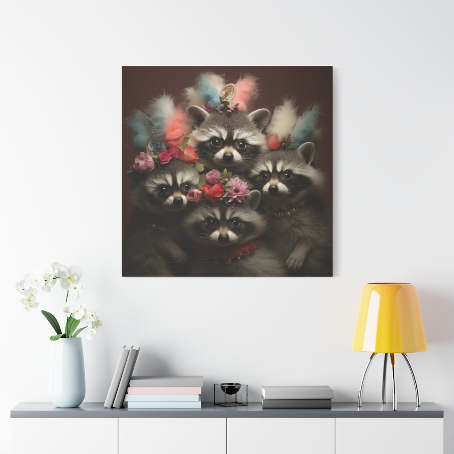 Raccoon Family with Colorful Plumes Wall Canvas