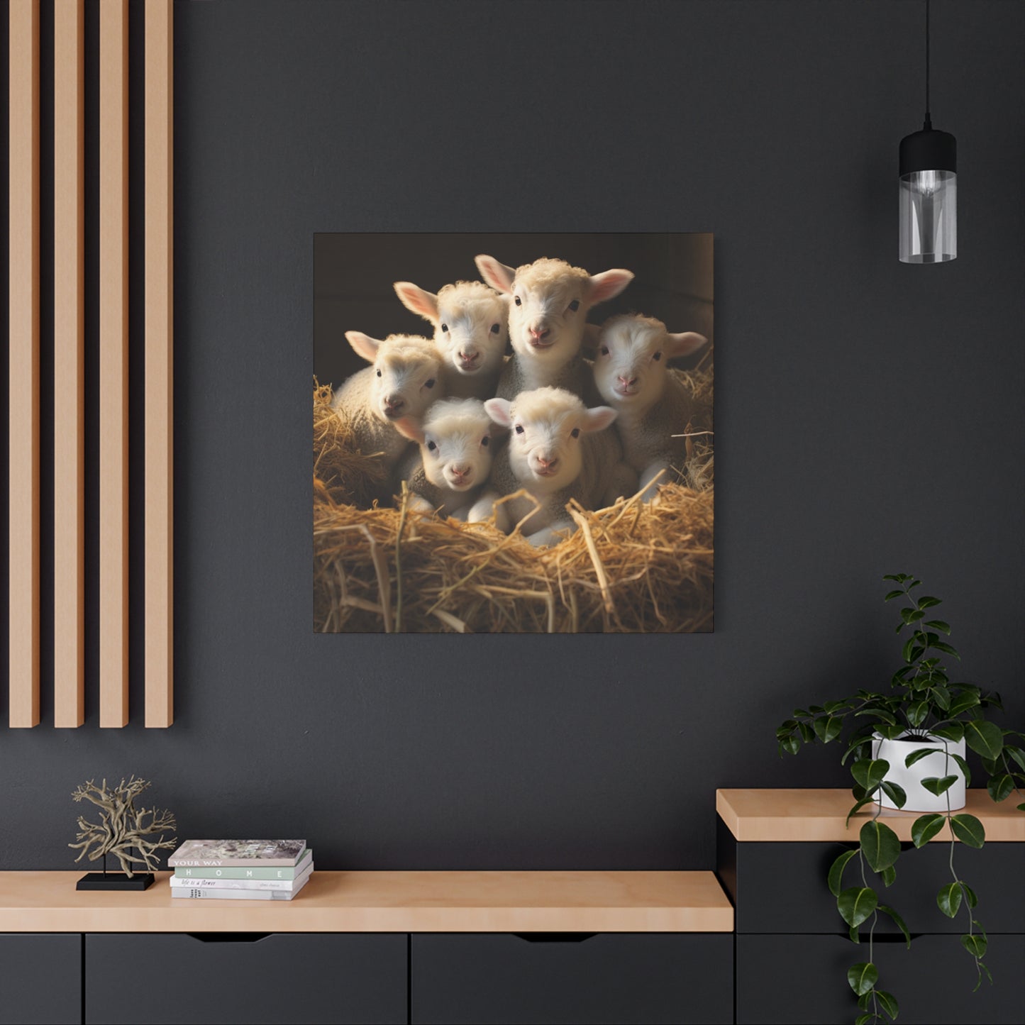 Lamb Family in Straw Wall Canvas