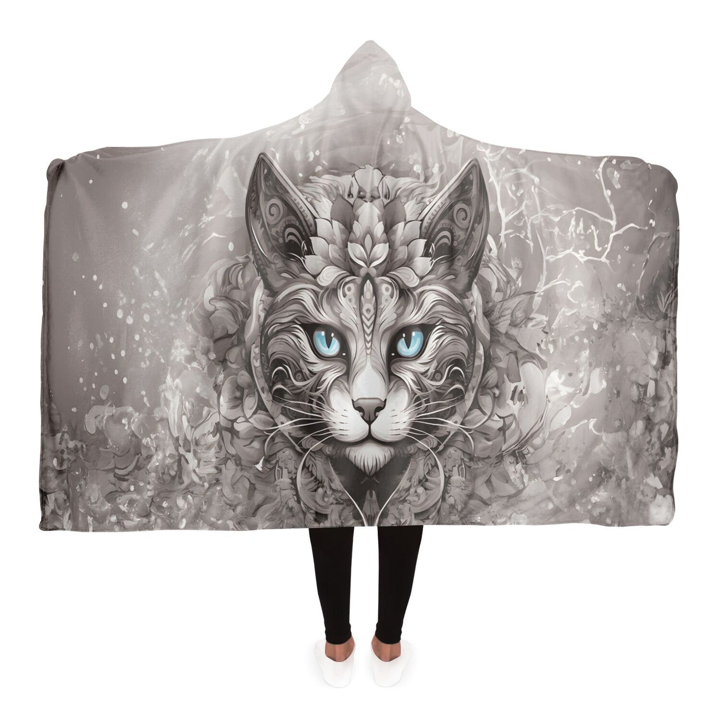 Black and White Mystical Cat - Hooded Blanket