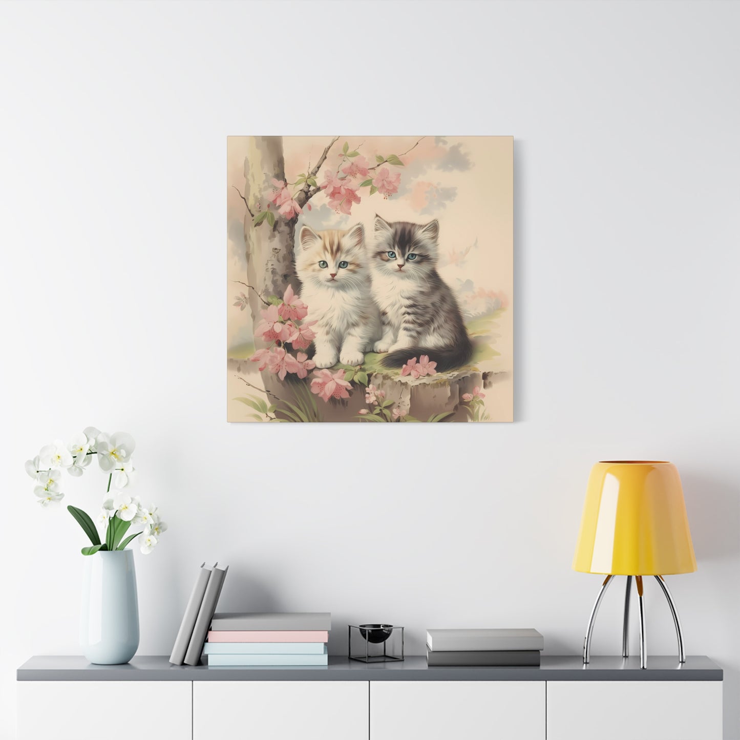 Kittens Under Pink Flowering Tree Wall Canvas