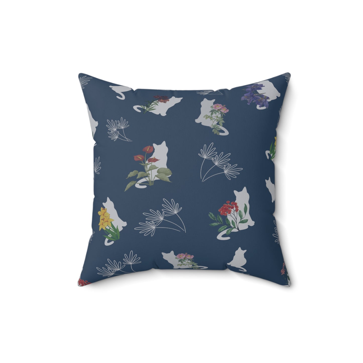 Cat and Flowers/Leafy Whimsy Throw Pillow – Blue