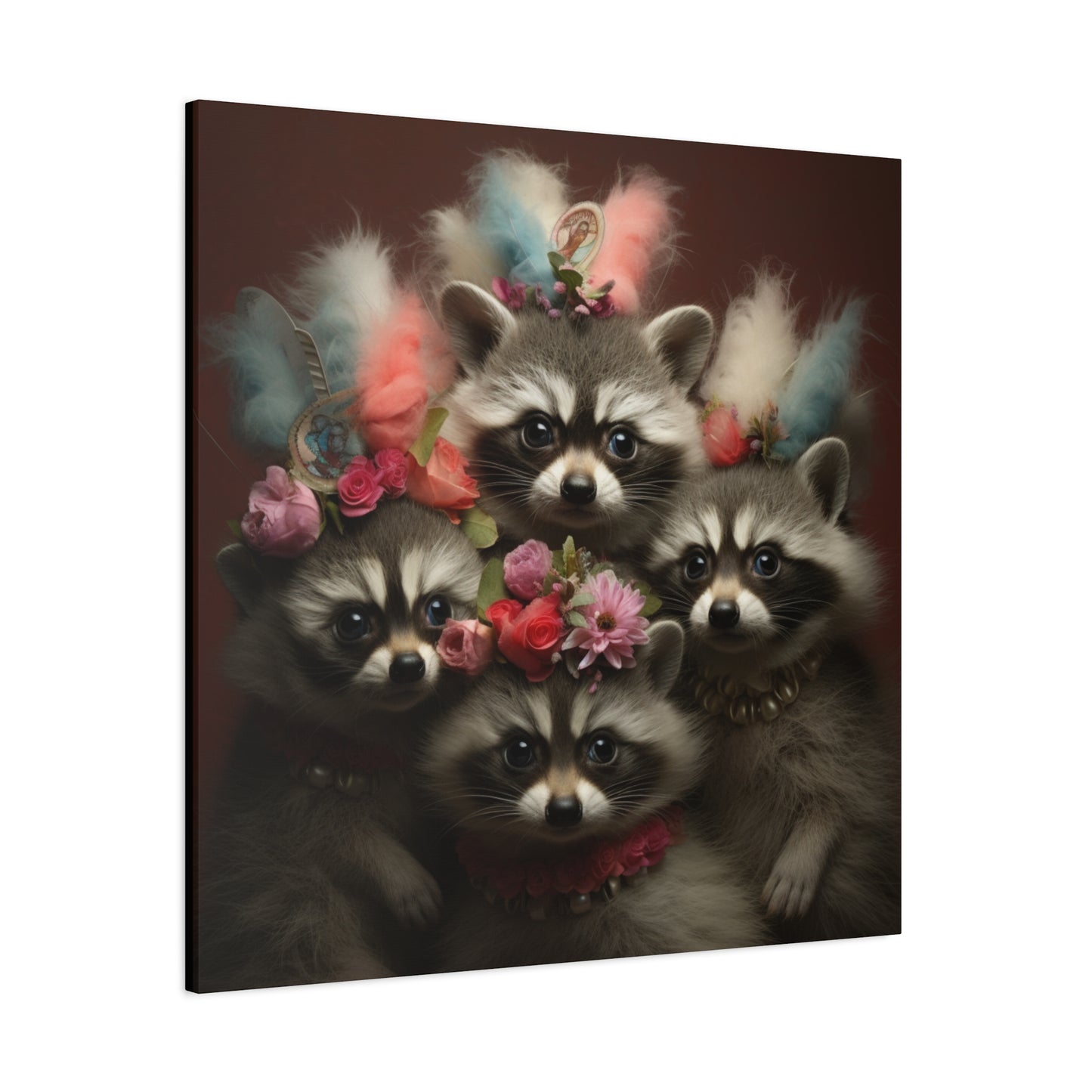 Raccoon Family with Colorful Plumes Wall Canvas