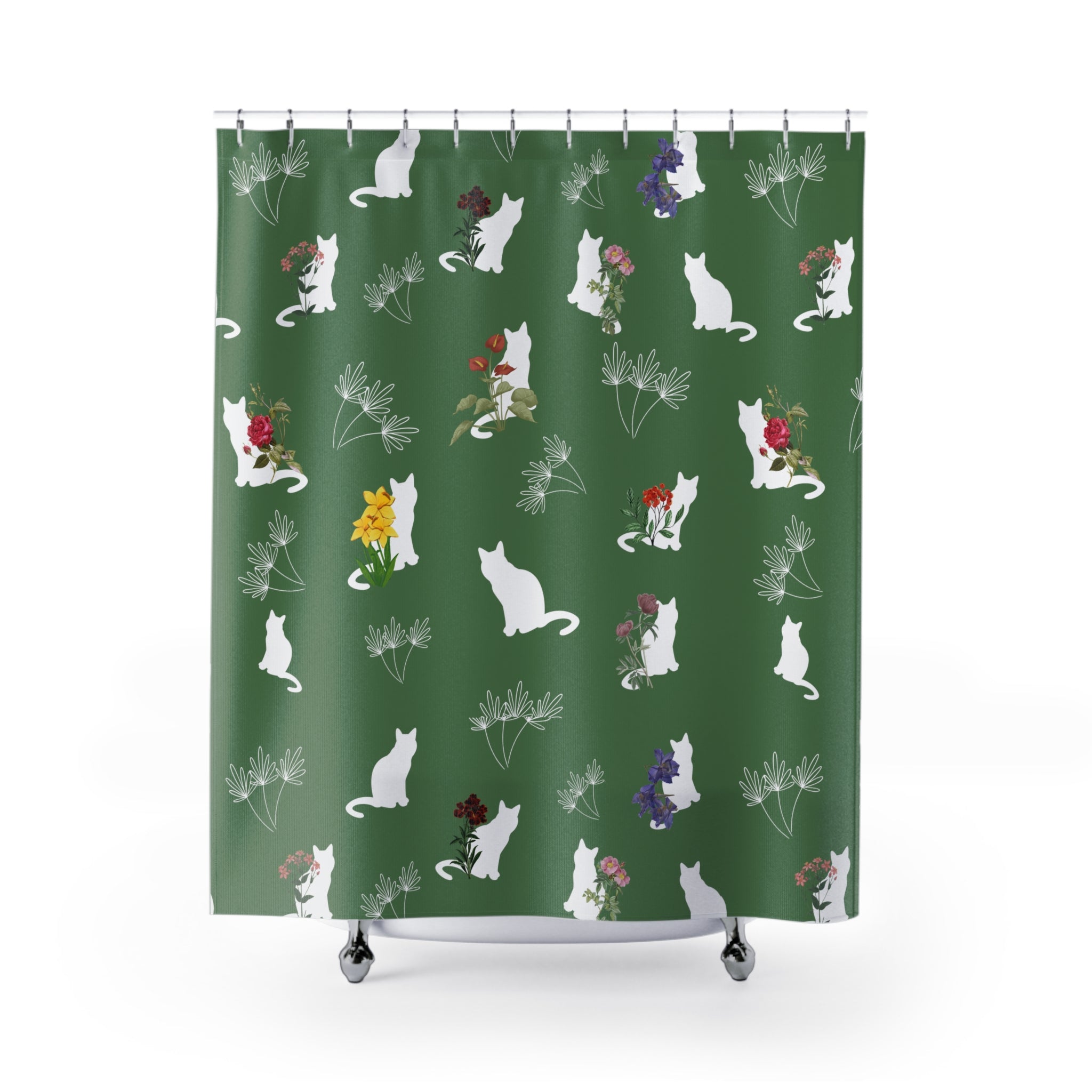 Cat and Flower/Leafy Whimsy Shower Curtain – Green