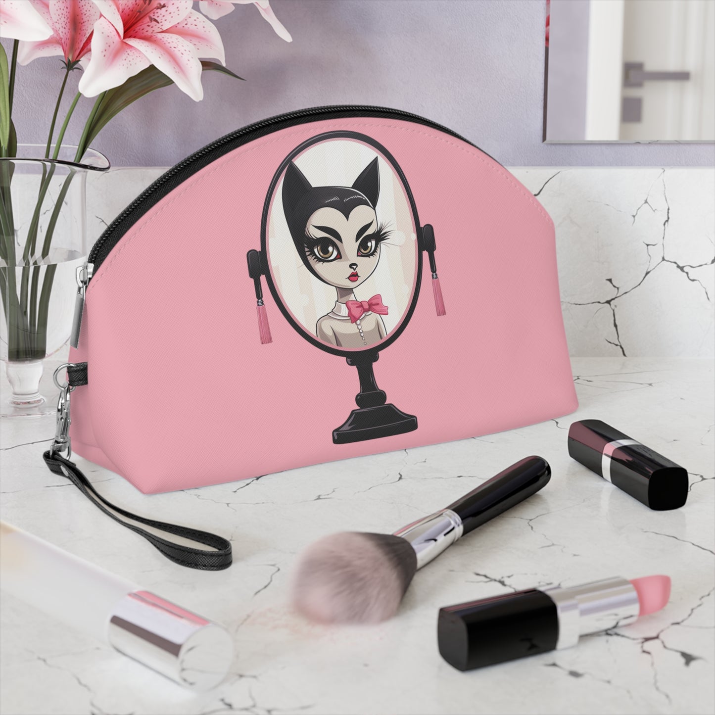 Sophisticated Cat Makeup Bag – Lady Cat with Pink Bow