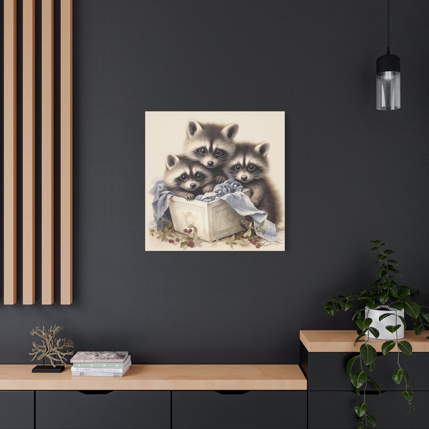 Raccoon Family with Blue Blanket Wall Canvas