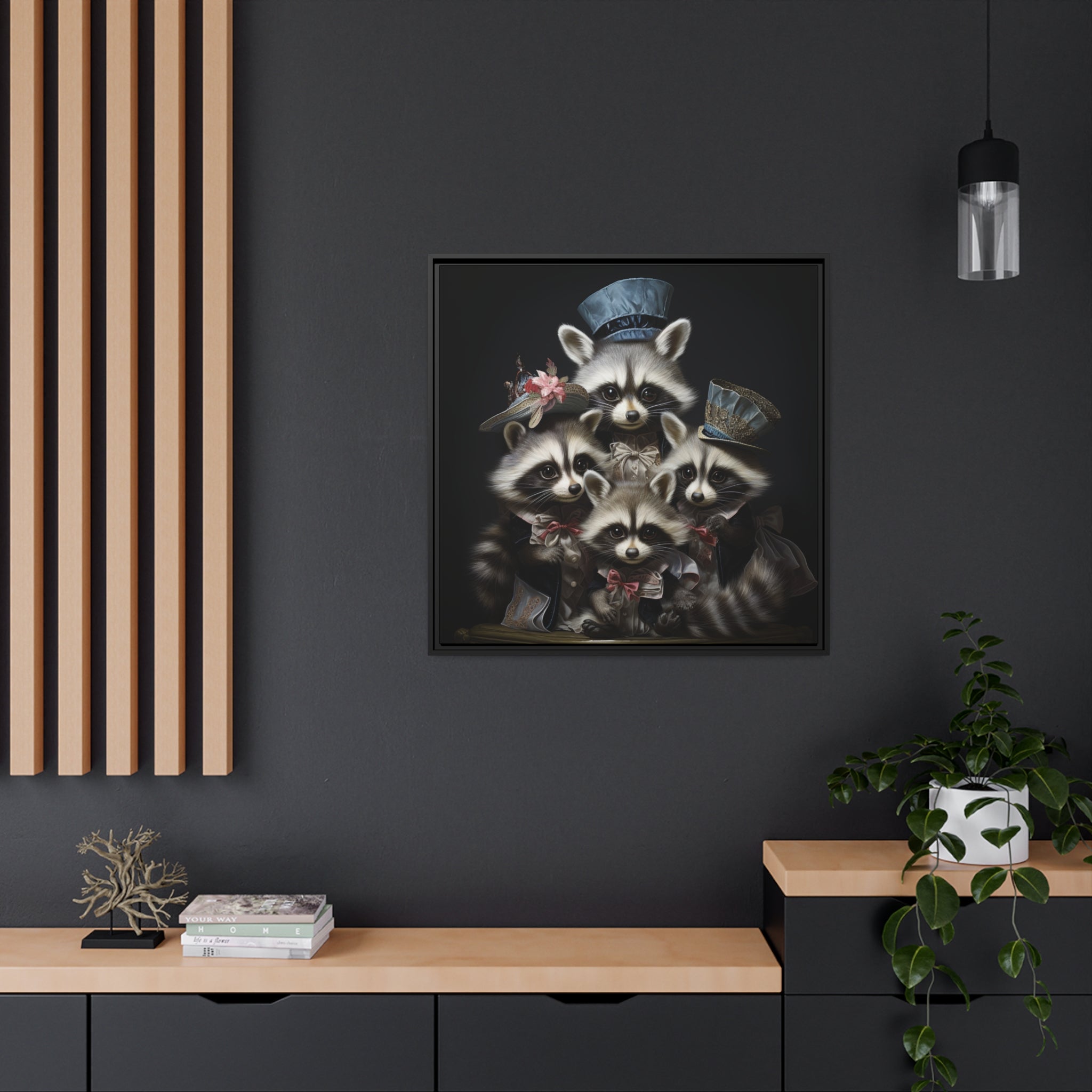 Raccoon Family in Blue Hats Framed Wall Canvas