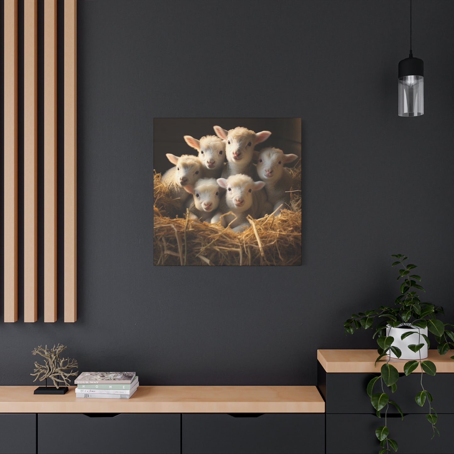 Lamb Family in Straw Wall Canvas