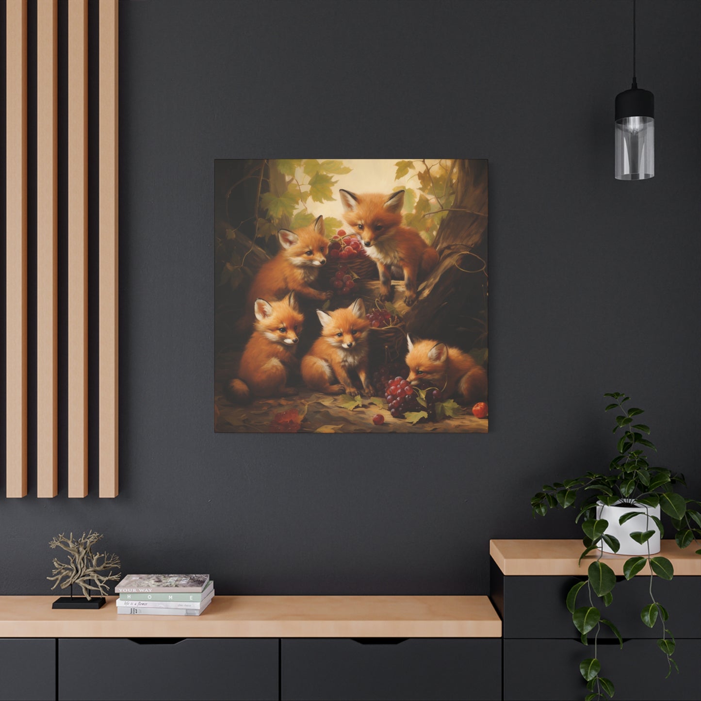 Fox Family with Red Grapes Wall Canvas