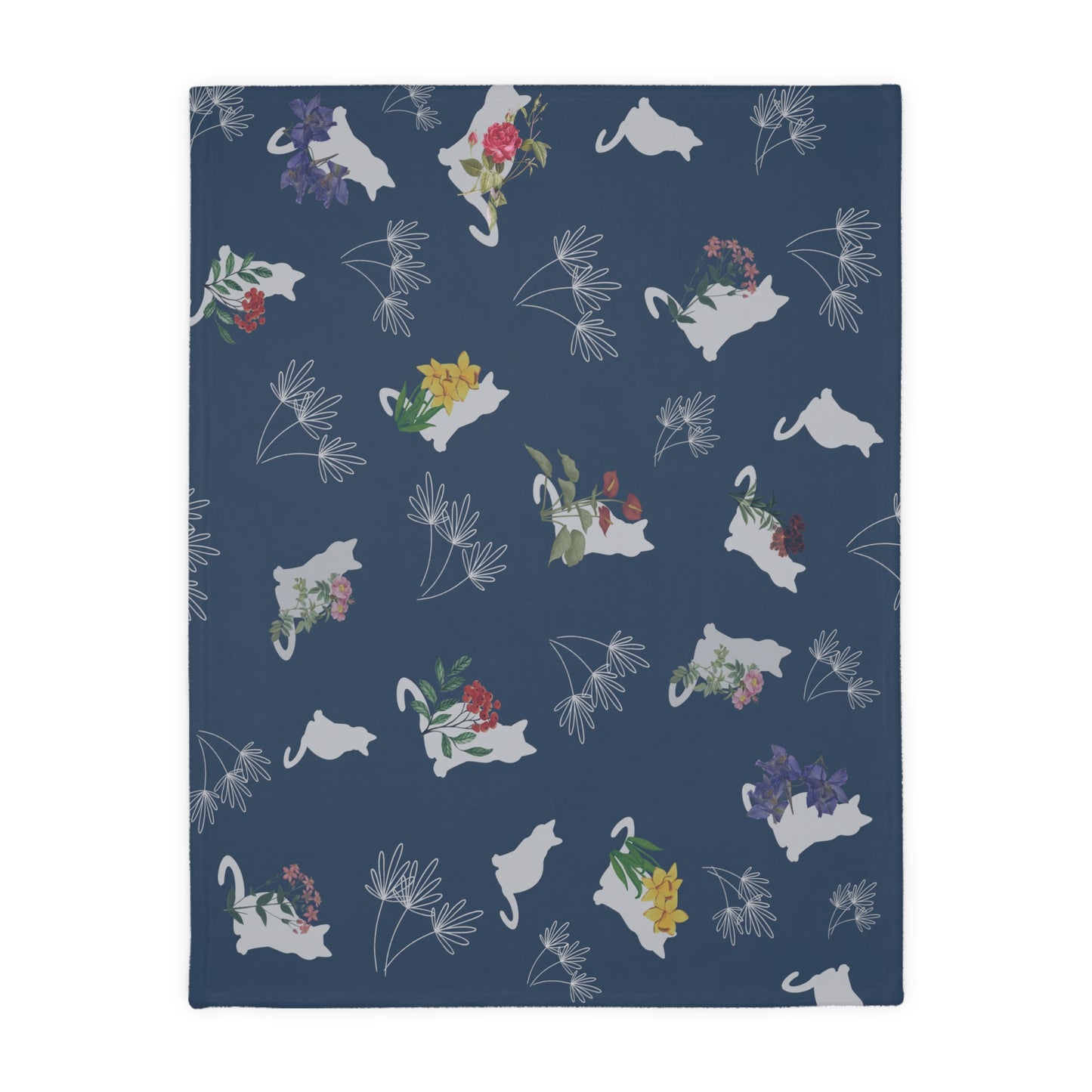 Cats and Flowers/Leafy Whimsy Blanket - Blue