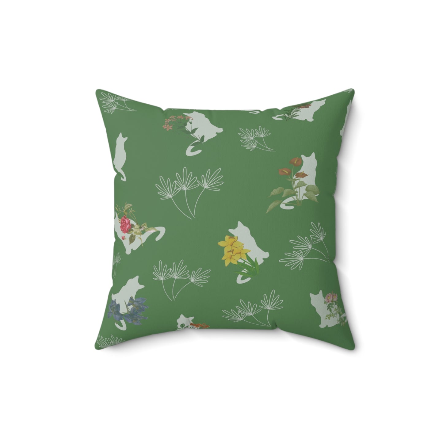 Cat and Flowers/Leafy Whimsy Throw Pillow – Green