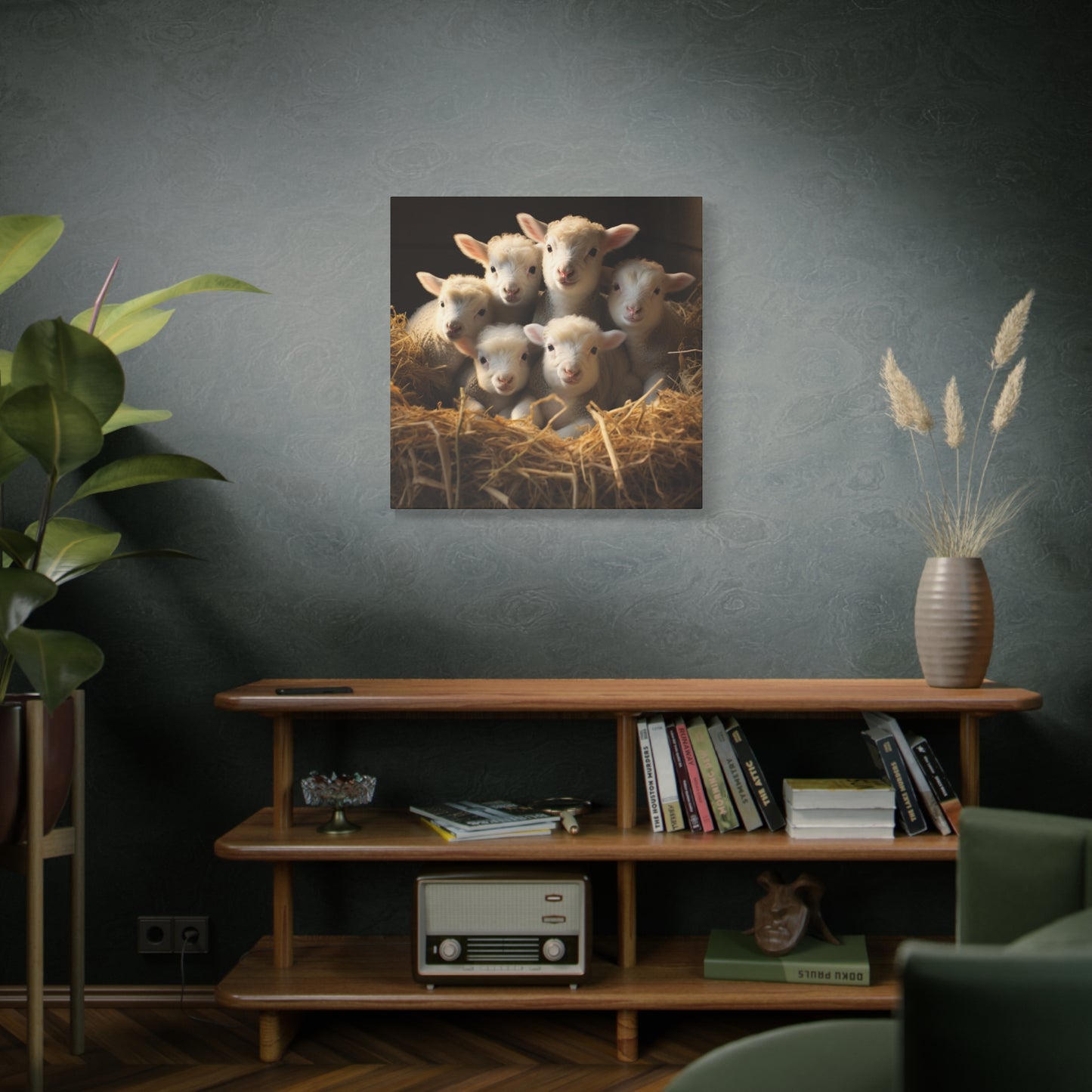 Lamb Family in Straw Wall Canvas