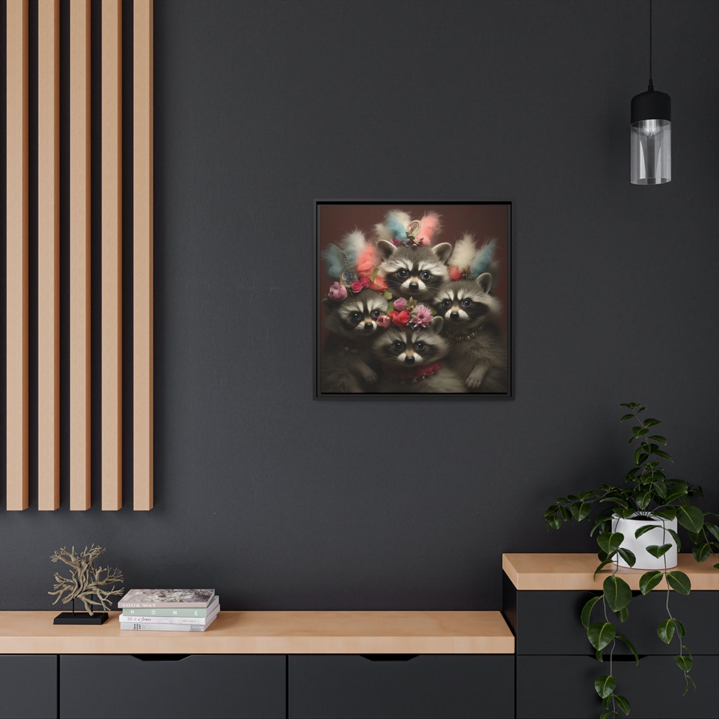 Raccoon Family with Colorful Plumes Framed Wall Canvas