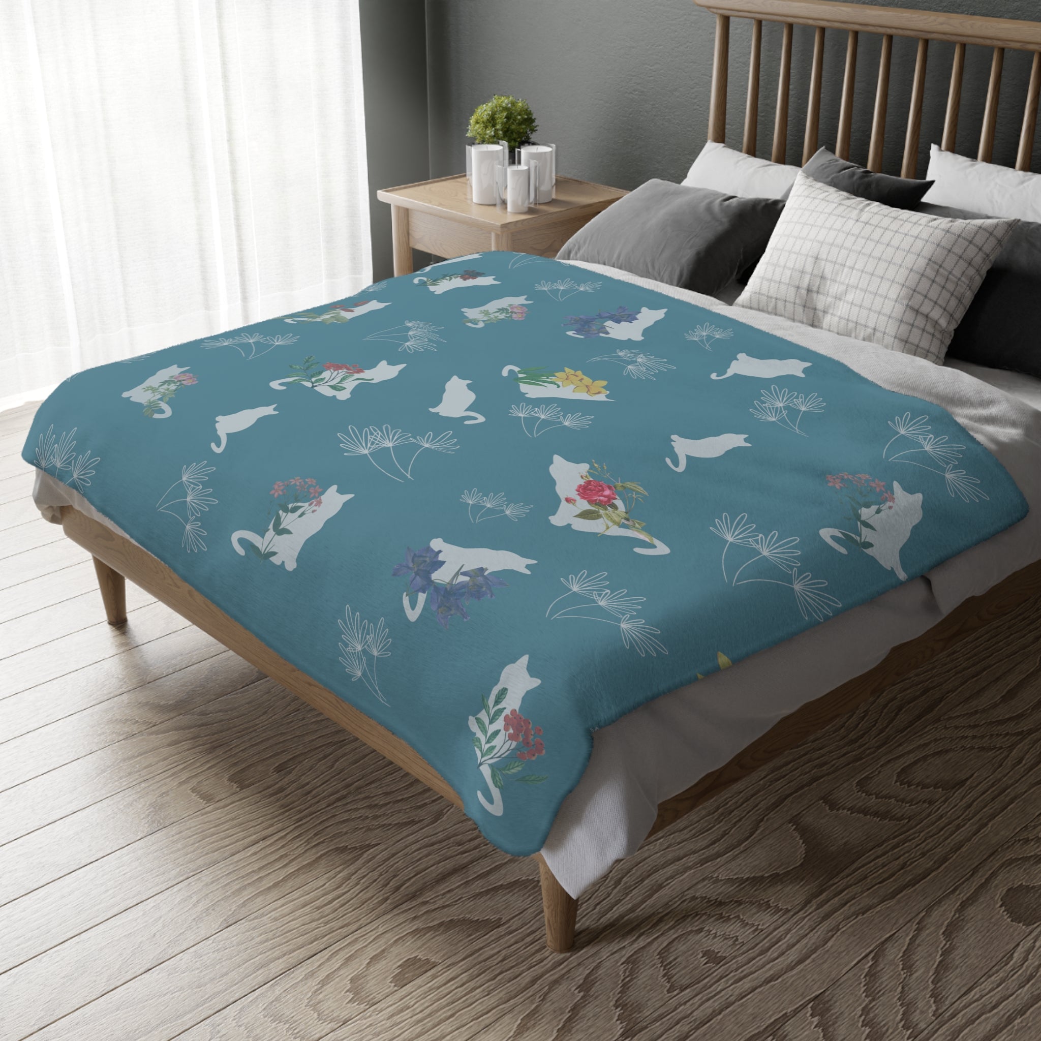 Cats and Flowers/Leafy Whimsy Blanket – Light Blue